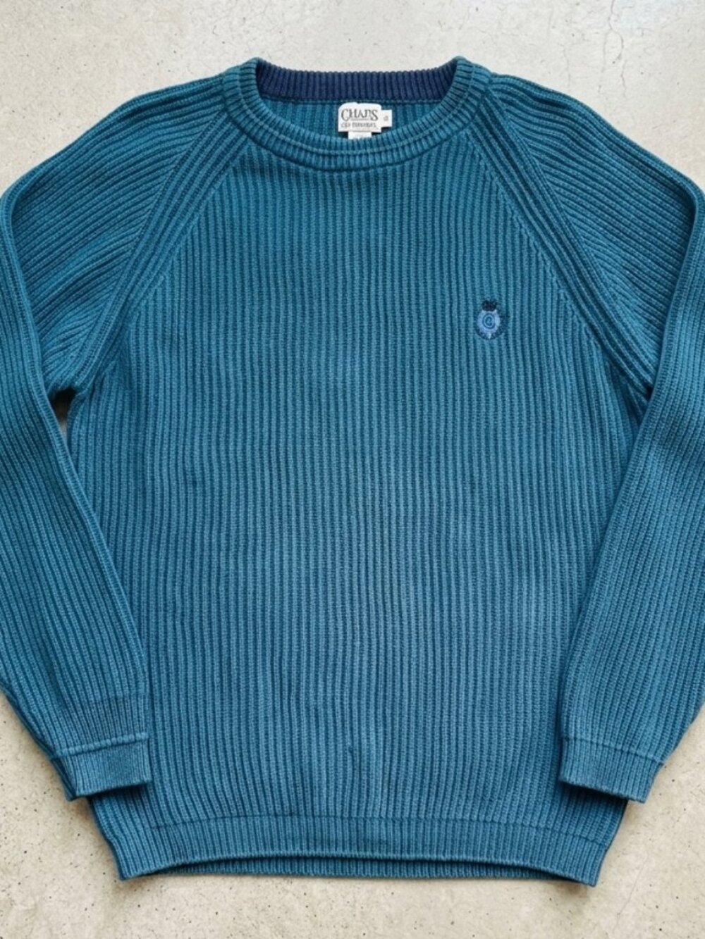 Vintage Chaps Ralph Lauren Teal Ribbed Raglan Knit Sweater Large Cotton Crest